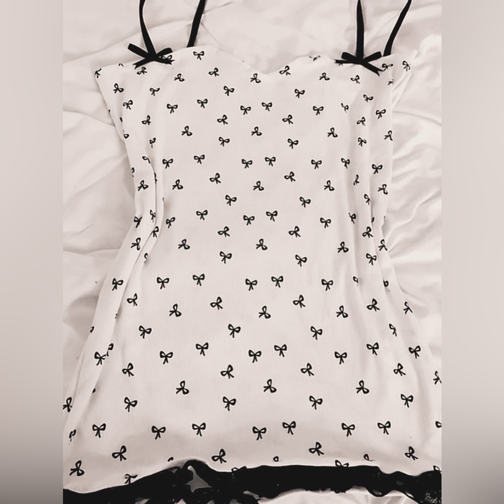 Cream Tank with Black Bow Pattern